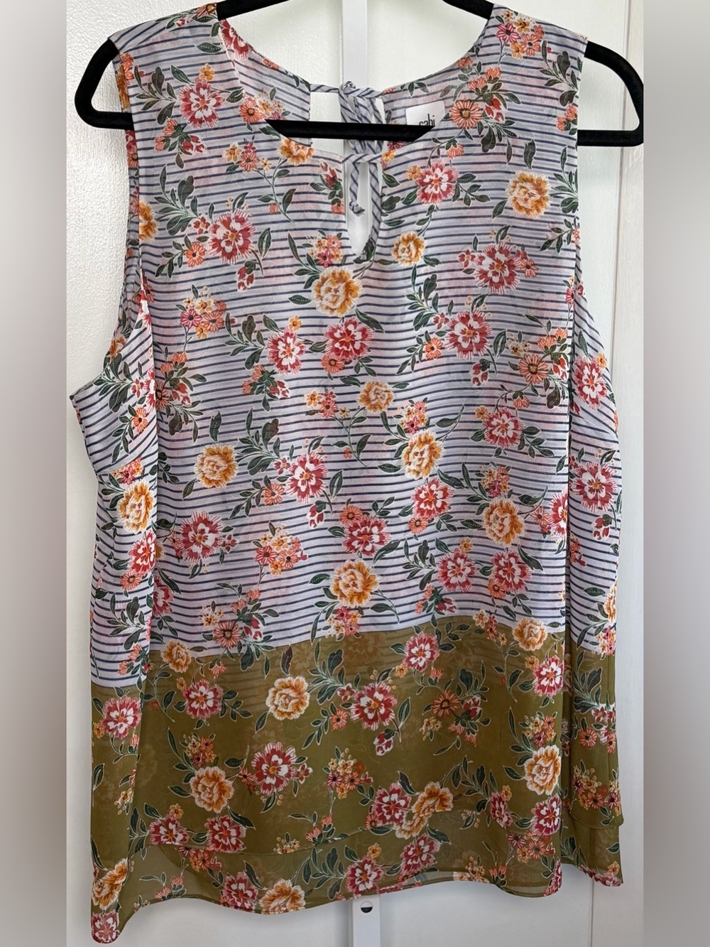 Cabi XL Floral Striped Sleeveless Blouse Layered Hem Tie Back Boho